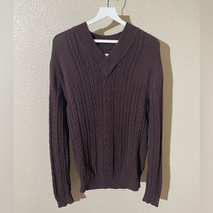 WRK Men's V-Neck Cable Knit Sweater - Dark Brown